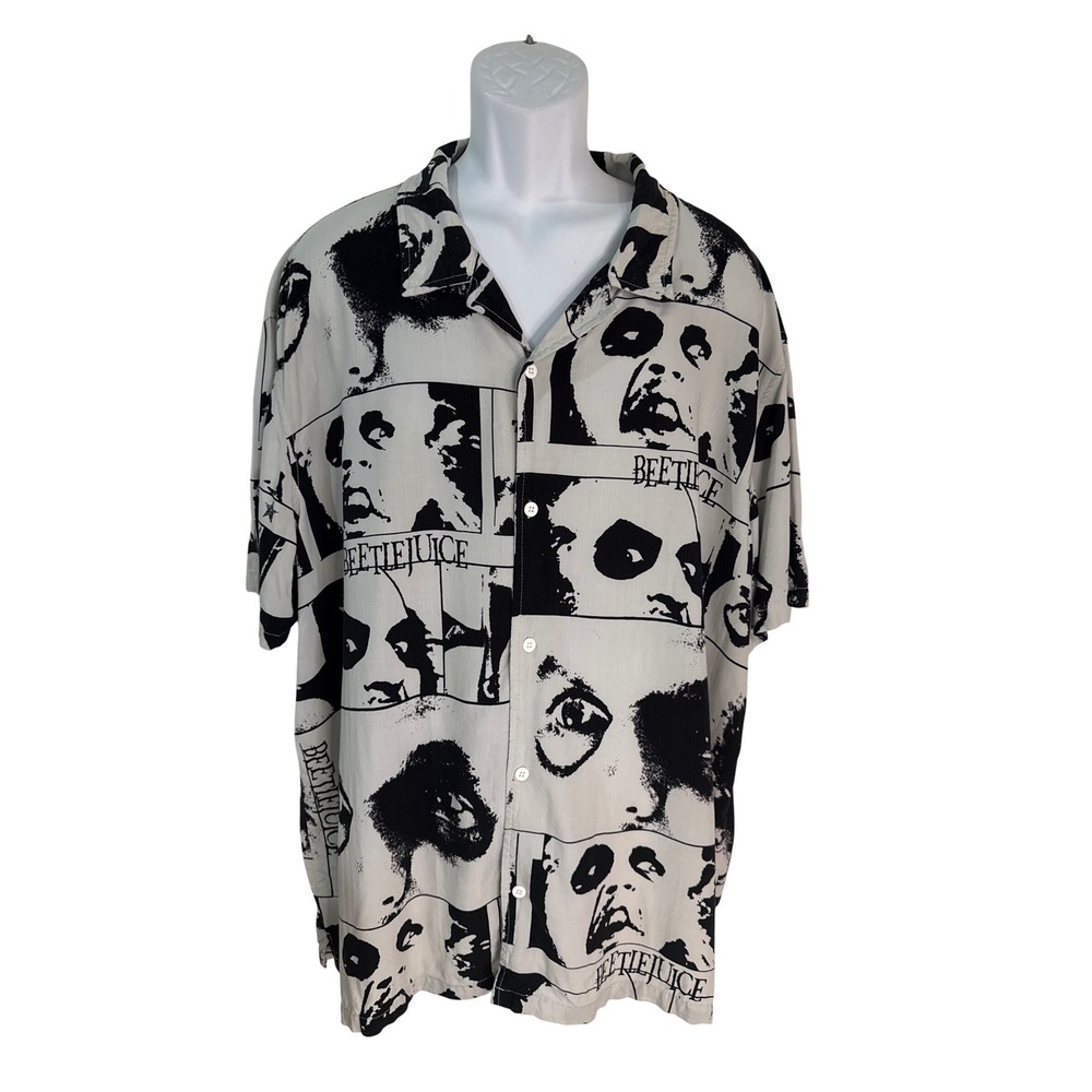 Beetlejuice All Over Print Button‎ Up Shirt Mens 2XL White Black Rayon